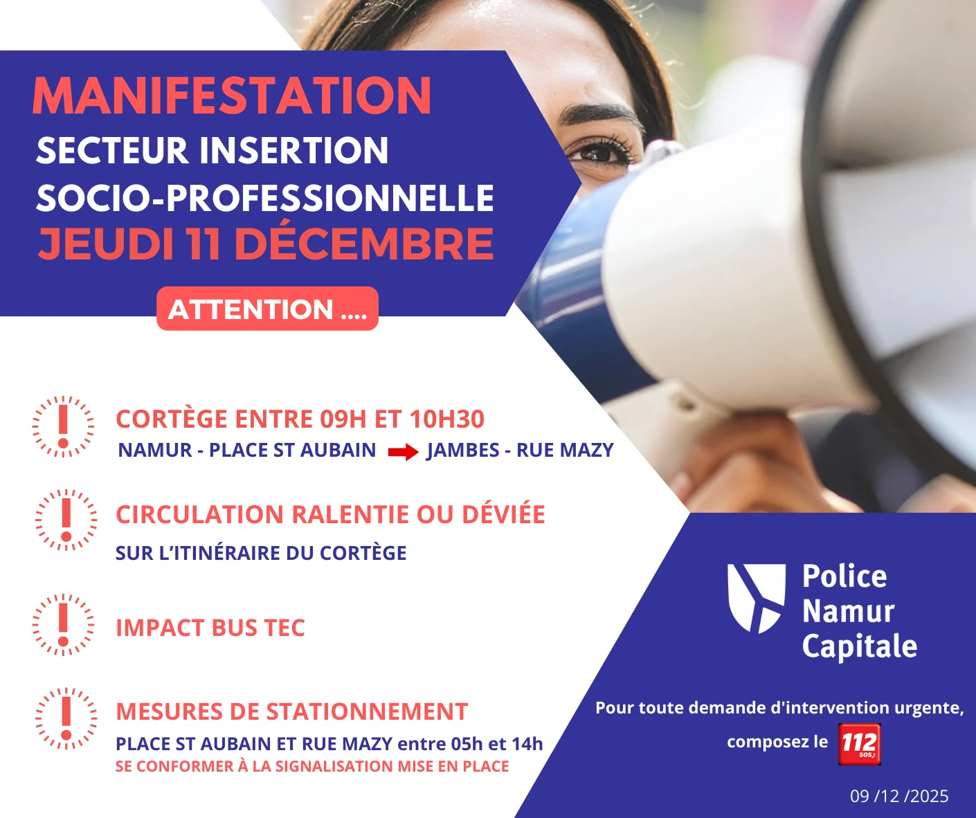 Namur – Manifestation du secteur de l’insertion socio-professionnelle : circulation perturbée ce jeudi 11 décembre 2025